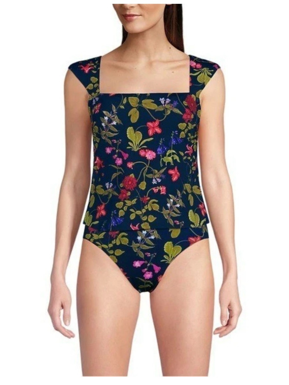 Lands' End Navy Floral Square-Neck Tankini Swim Top